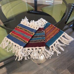 Handwoven Southwestern Style Pot Holders / Coasters Set Of 3 Fringe Detail